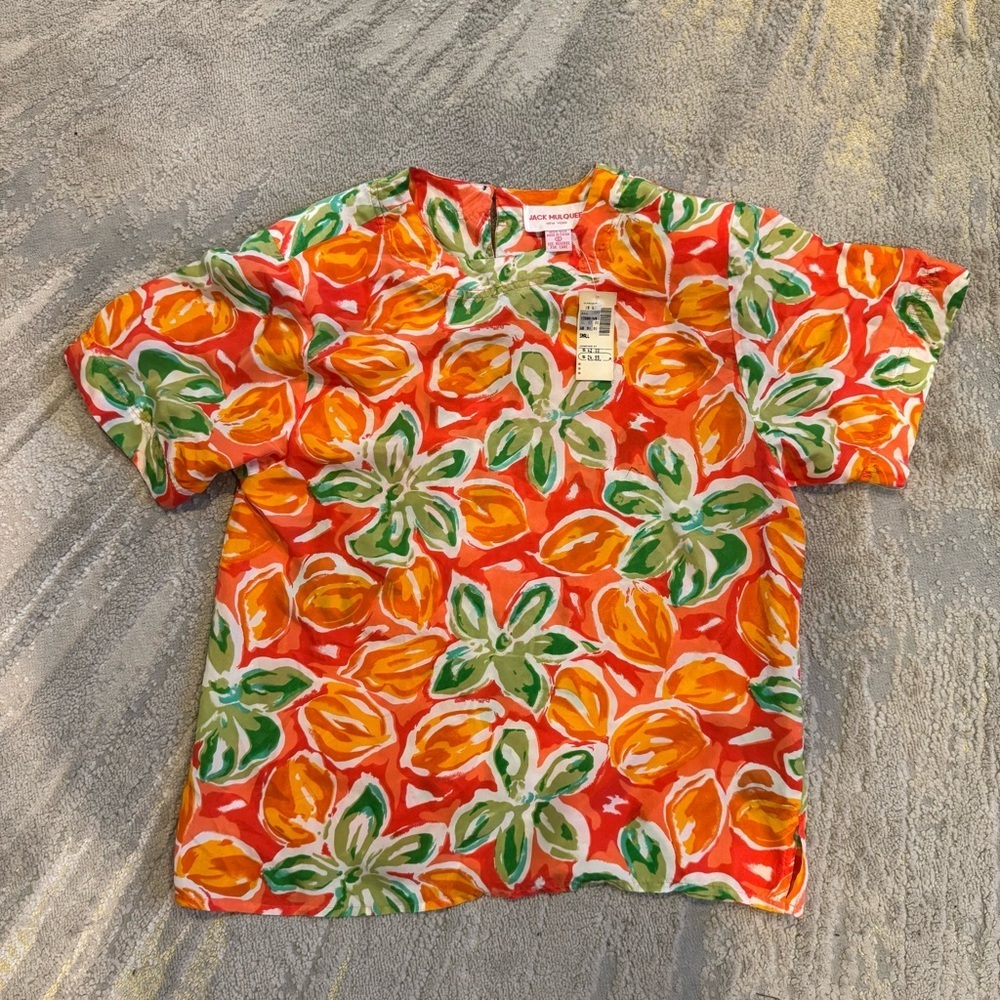 Jack Mulqueen silk floral top orange green short sleeve button front small - Picture 2 of 8